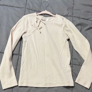 Zara Cream Long Sleeve Ribbed Top with Bow Detail